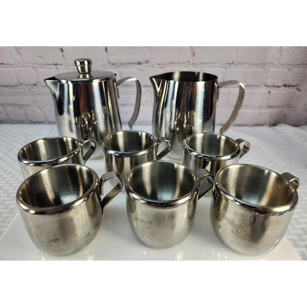 ITALIAN 18/10 Inox Double Wall Espresso Cups, Saucers + Cream & Sugar High End!